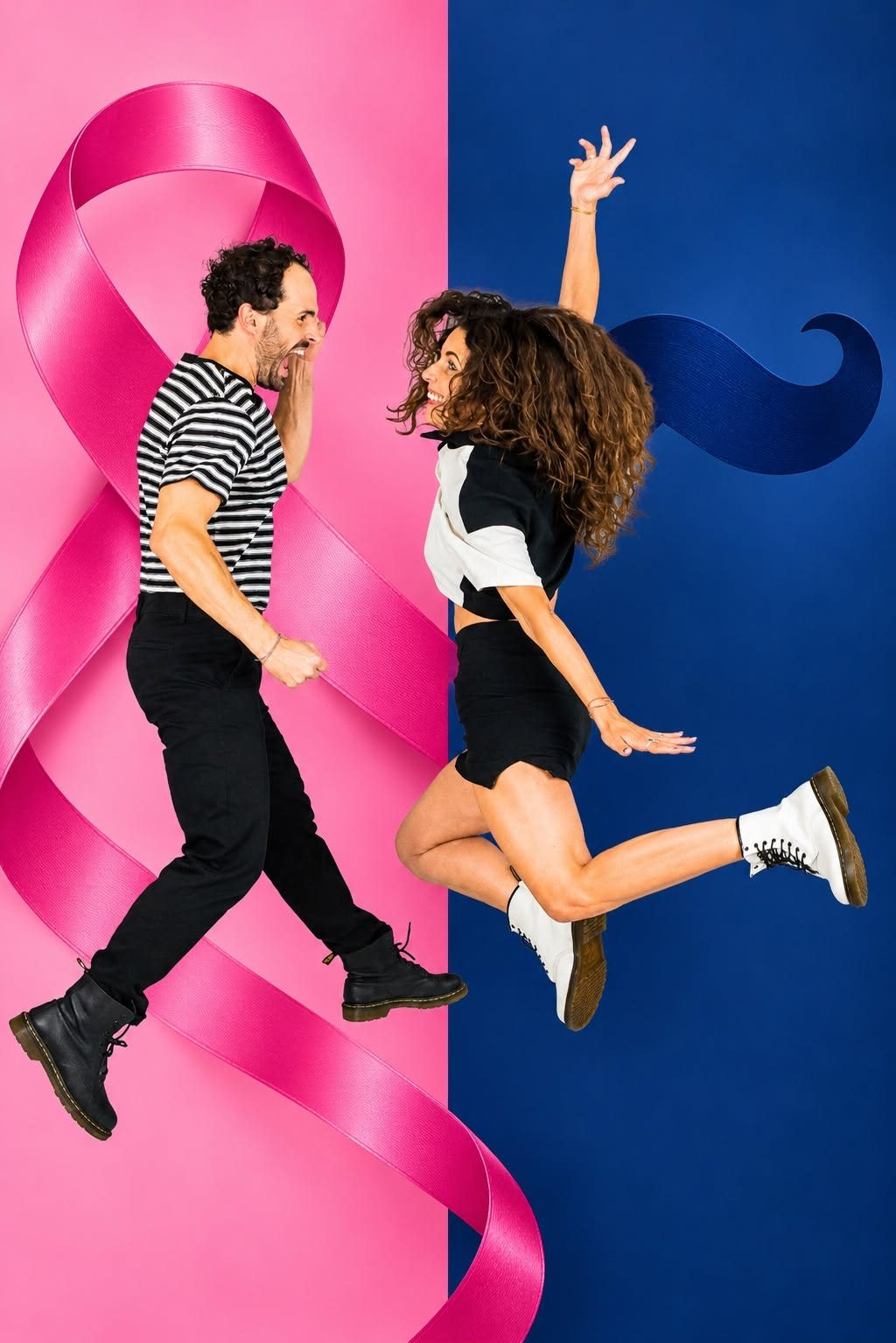 Le duo TidyMess en plein saut, devant un ruban rose et une moustache bleue